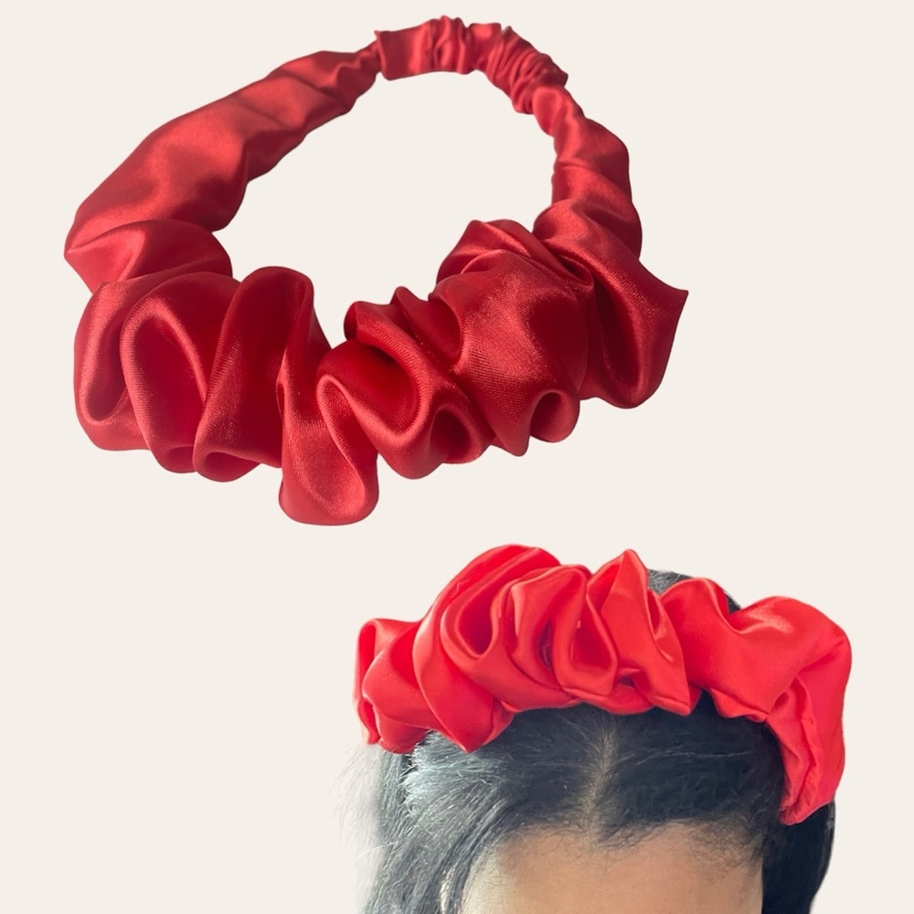 Red Satin Headband wrap scrunched For Women Pleated design - Picture 3 of 10